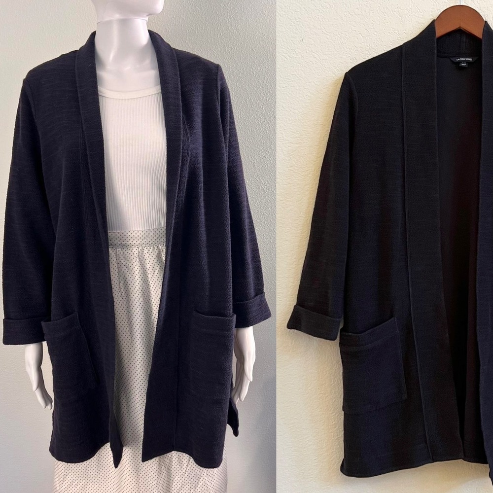 Lands End Thick Terrycloth Black Knit Open Front Cardigan Sweater Size 14 16